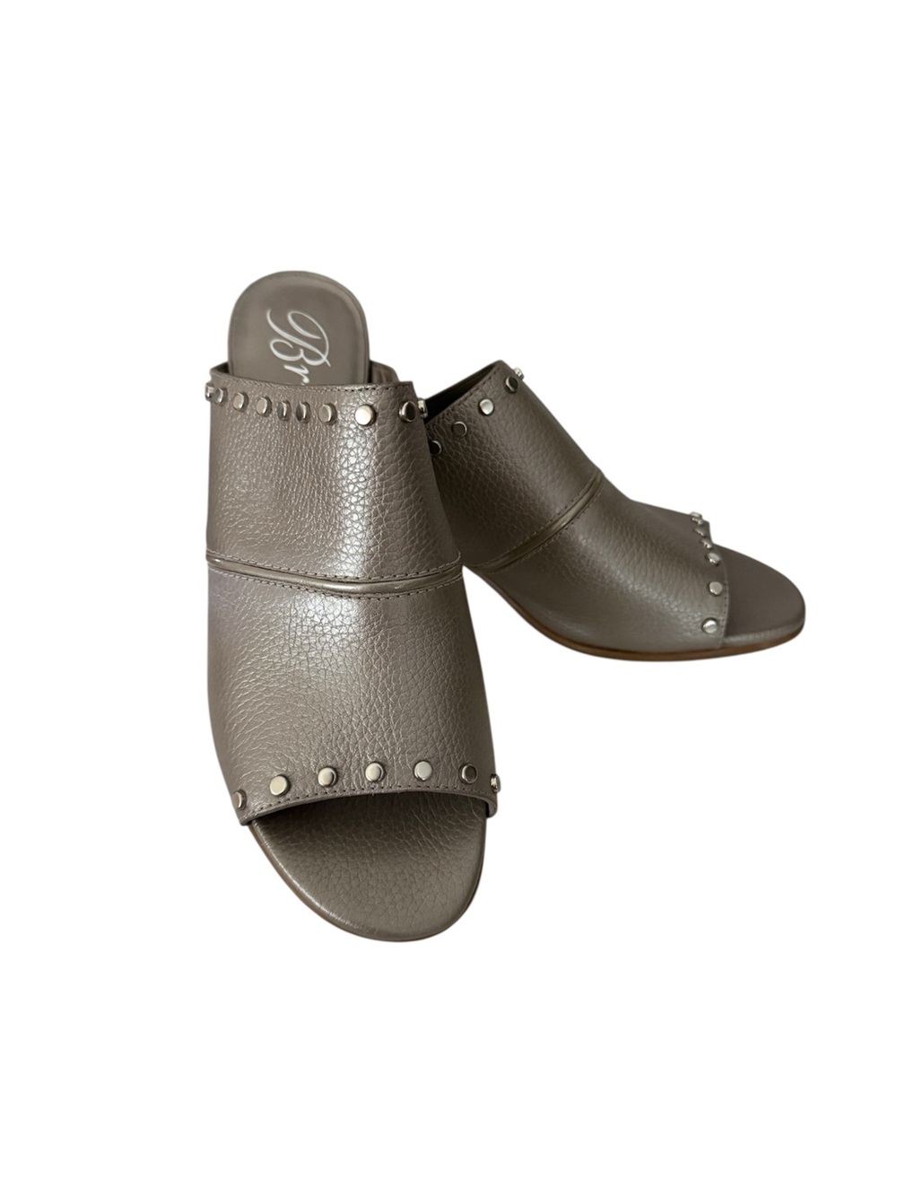 Brighton “Tap” Studded leather slide Sandals, silver pewter color